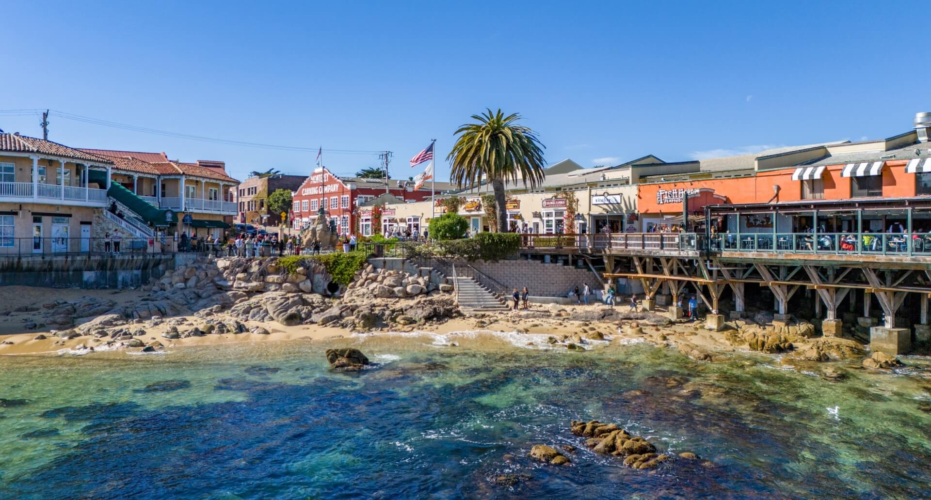 This is an image of Cannery Row in Monterey, CA taken from the water