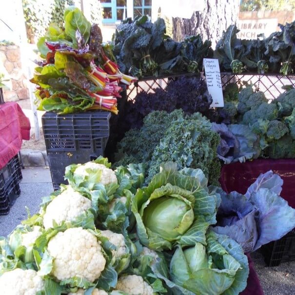 cabbages, lettuces and carrots on display at Carmel Farmers Market