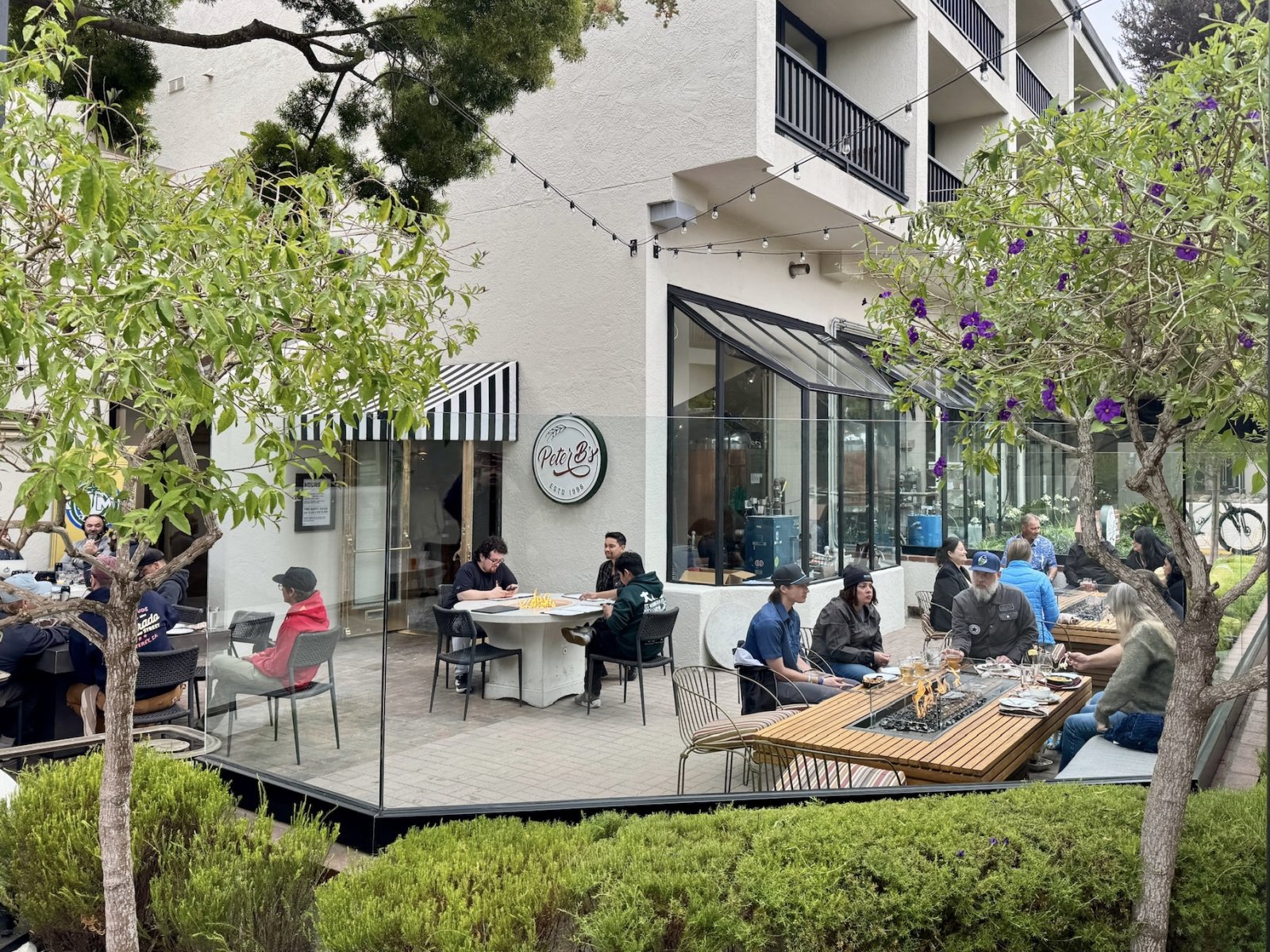 Where to Watch Free Live Music this Summer Outdoor patio seating with fire pits at Peter B's Brewpub in Monterey