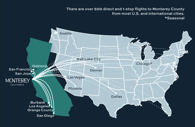 IMEX America 2026 Map of Direct and Connecting flights across America to Monterey County, CA
