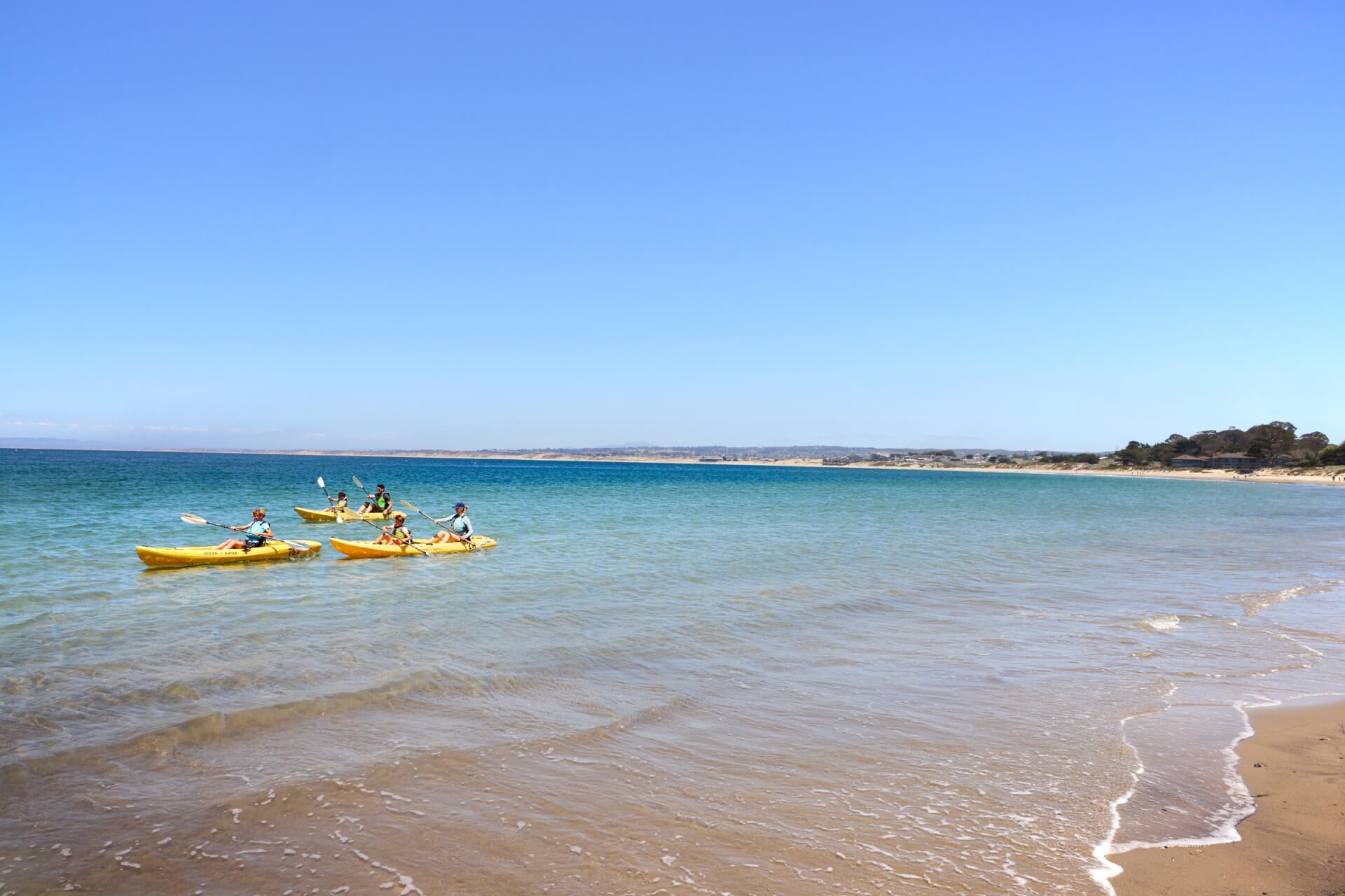 Kayaking in Monterey Three yellow kayaks with a family paddle close to shore on Monterey Bay